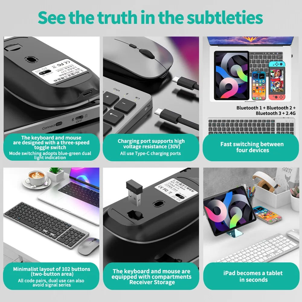 Bluetooth Rechargeable Keyboard and Mouse Combo | Slim Design | Multi-Device Connectivity | Grey | Model: HT-KB333