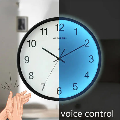 Silent Wall Clock Non-Ticking Large Numeral 30x30cm Voice Control LED Blue Light Battery Operated Quartz Classic Decor Wall Clock Easy to Read for Bedroom Home Kitchen Office School
