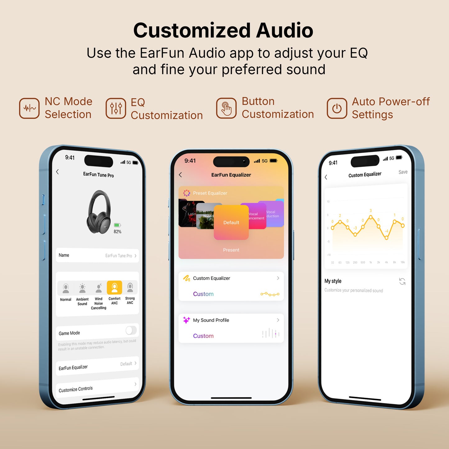 EarFun Tune Pro Active Noise Canceling Headphones, Wireless Bluetooth Headphones with 5 Mics,120H Playtime, Hi-Res Audio, Custom EQ via App, Comfortable Fit, Bluetooth 5.4, Multipoint Connection