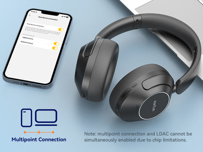EarFun Wave Life Bluetooth Headphones, Hybrid Noise Cancelling Headphones, 4 Mics AI ENC, Deep Bass, Bluetooth 5.4, 60H Playtime, Multipoint Connection, App