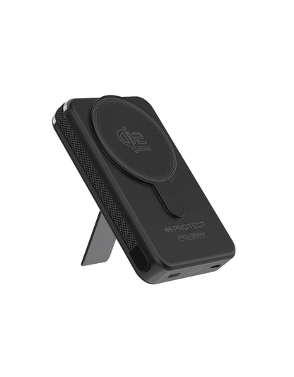 Solid-State Magsafe Power Bank 10000mAh, Qi2.2 25W Wireless & 35W PD Fast Charging Portable Charger with Built-in USB-C Cable and Kickstand for iPhone 17/16/15/14/13 Pro Max, Black