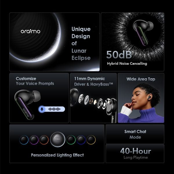 Oraimo OTW-630 SpaceBuds In Ear Bluetooth ANC Headphones, 40 Hours Playback, Bluetooth 5.4 with 4-Mic ENC, IP54 Waterproof, ANC Noise Cancelling Earphones