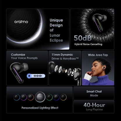 Oraimo OTW-630 SpaceBuds In Ear Bluetooth ANC Headphones, 40 Hours Playback, Bluetooth 5.4 with 4-Mic ENC, IP54 Waterproof, ANC Noise Cancelling Earphones