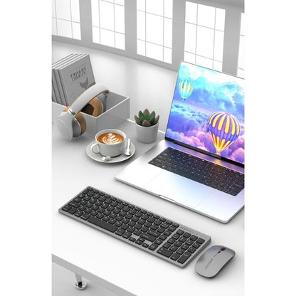 Bluetooth Rechargeable Keyboard and Mouse Combo | Slim Design | Multi-Device Connectivity | Grey | Model: HT-KB333