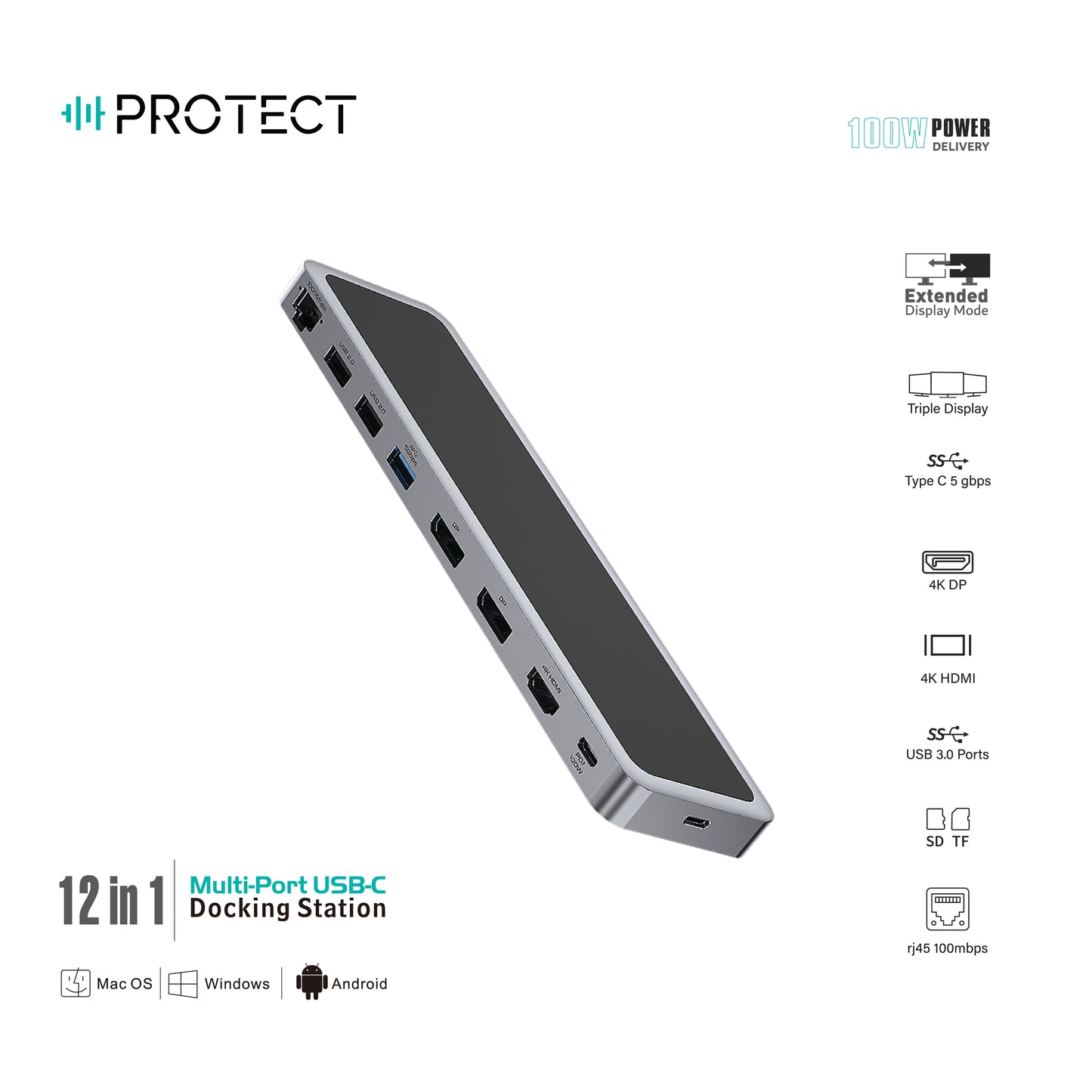 PROTECT 12-in-1 USB-C Docking Station with 100W C-C Cable | Dual DisplayPort 4K@120Hz + HDMI 4K@60Hz | Triple Monitor | USB 3.0 | Ethernet | SD/TF | Audio | For MacBook & Windows