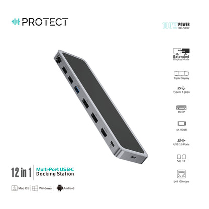 PROTECT 12-in-1 USB-C Docking Station with 100W C-C Cable | Dual DisplayPort 4K@120Hz + HDMI 4K@60Hz | Triple Monitor | USB 3.0 | Ethernet | SD/TF | Audio | For MacBook & Windows
