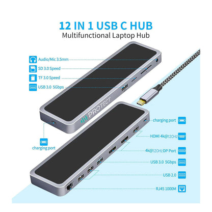 PROTECT 12-in-1 USB-C Docking Station with 100W C-C Cable | Dual DisplayPort 4K@120Hz + HDMI 4K@60Hz | Triple Monitor | USB 3.0 | Ethernet | SD/TF | Audio | For MacBook & Windows