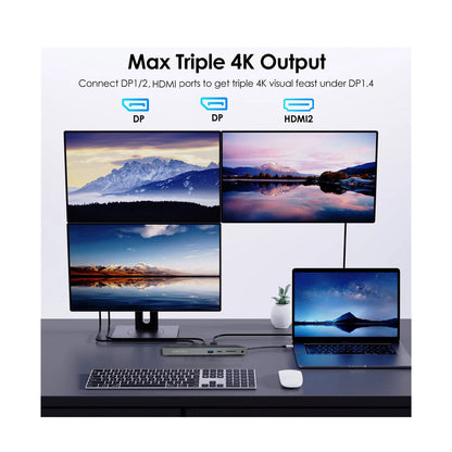 PROTECT 12-in-1 USB-C Docking Station with 100W C-C Cable | Dual DisplayPort 4K@120Hz + HDMI 4K@60Hz | Triple Monitor | USB 3.0 | Ethernet | SD/TF | Audio | For MacBook & Windows