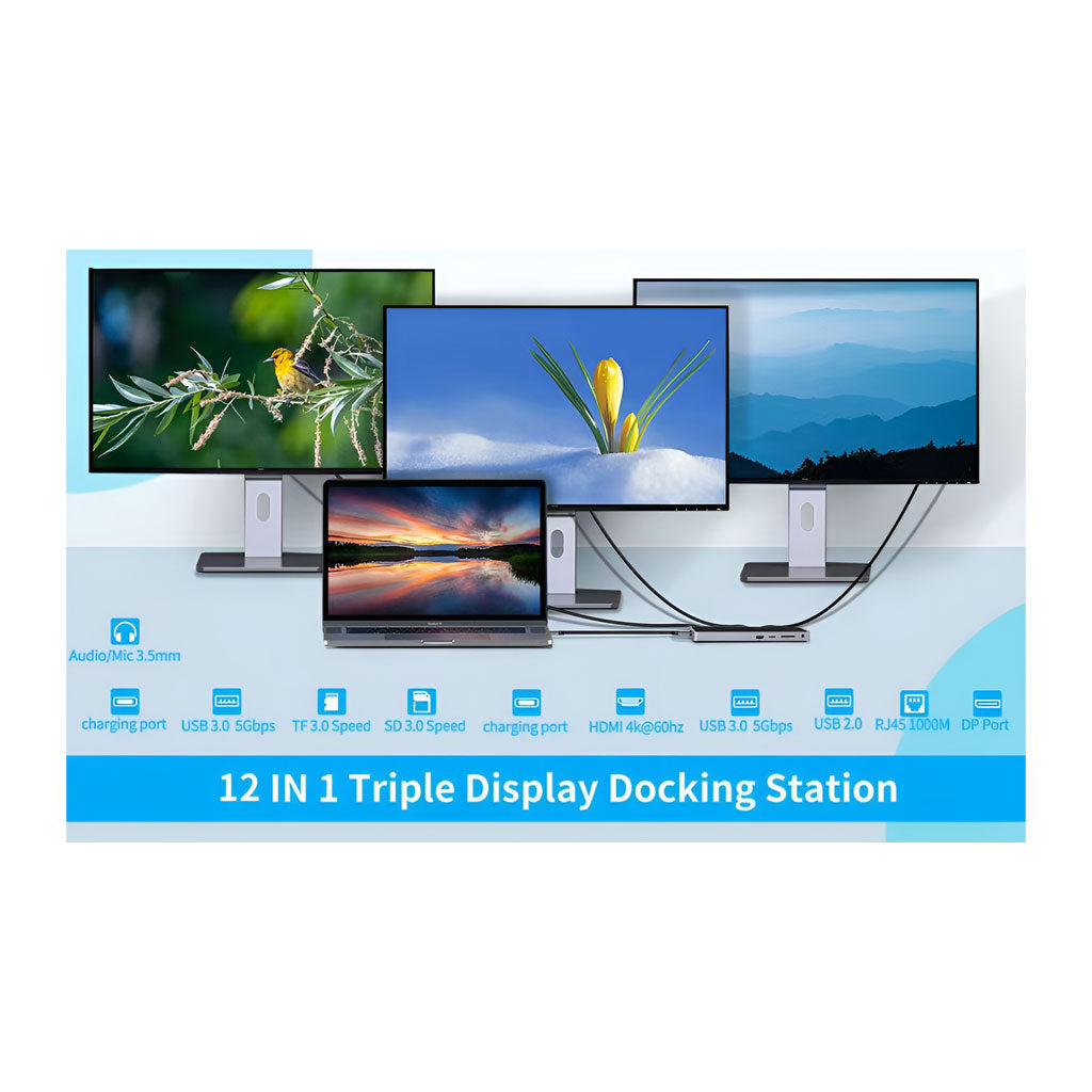 PROTECT 12-in-1 USB-C Docking Station with 100W C-C Cable | Dual DisplayPort 4K@120Hz + HDMI 4K@60Hz | Triple Monitor | USB 3.0 | Ethernet | SD/TF | Audio | For MacBook & Windows