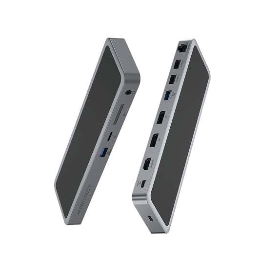 PROTECT 12-in-1 USB-C Docking Station with 100W C-C Cable | Dual DisplayPort 4K@120Hz + HDMI 4K@60Hz | Triple Monitor | USB 3.0 | Ethernet | SD/TF | Audio | For MacBook & Windows