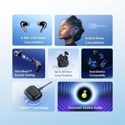 Oraimo SpaceBuds Z Active Noise Cancelling Bluetooth Earphones, Sound360 Spatial Audio True Wireless Earbuds,4 Mics for AI Clear Calls,38H Playtime,Dual Device Connectivity, Customization via App Black