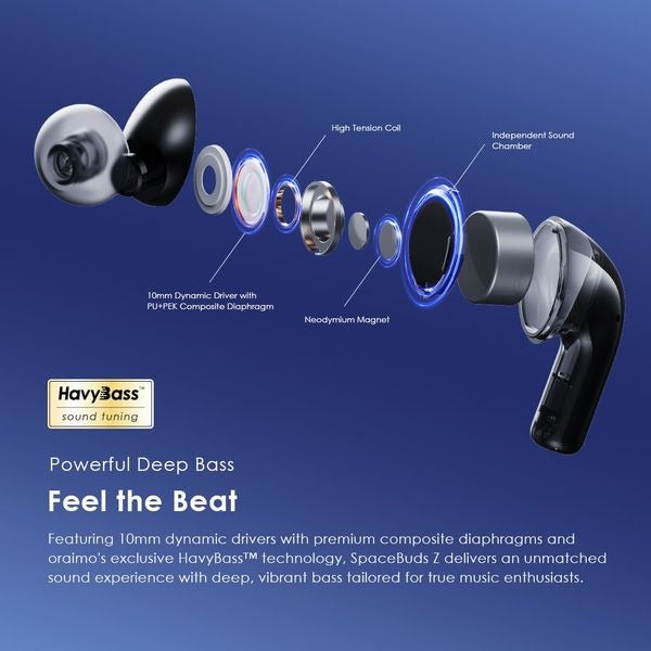 Oraimo SpaceBuds Z Active Noise Cancelling Bluetooth Earphones, Sound360 Spatial Audio True Wireless Earbuds,4 Mics for AI Clear Calls,38H Playtime,Dual Device Connectivity, Customization via App Black